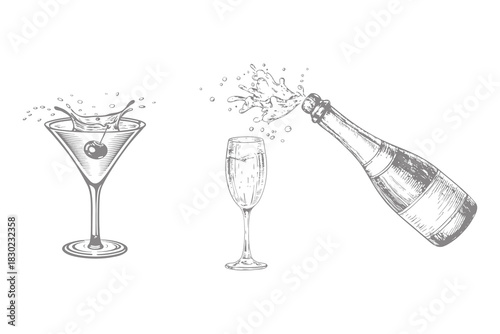 Sparkling festive wine with glasses alcoholic drink with splash. hand drawn sketch style illustration. Retro engraving vector for creative design. Eps 10