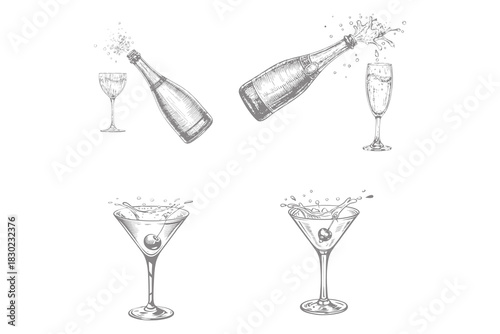 Sparkling festive wine with glasses alcoholic drink with splash. hand drawn sketch style illustration. Retro engraving vector for creative design. Eps 10