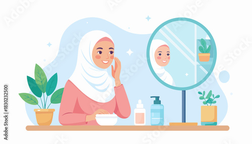 Radiant Muslim woman lovingly applying skincare in a self-care ritual, embracing beauty and wellness with grace, modern lifestyle, self love, and positive vibes