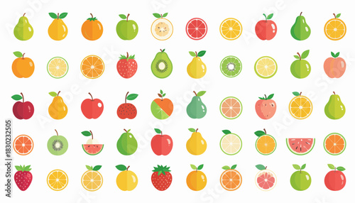 Vibrant assortment of delicious fruit icons, perfect for healthy eating designs, fresh juice labels, and eye-catching food illustrations, a delightful collection