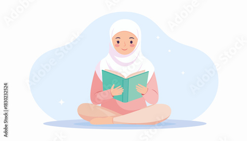 Peaceful Muslim Woman Enjoying Reading in Hijab, Embracing Knowledge and Serenity, Ideal for Education, Culture, and Empowerment Projects, Originally Vector Art