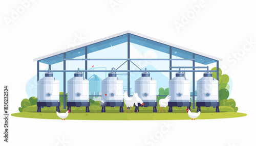 Modern poultry farm illustration showing chickens near metal silo tanks, conveying a clean, efficient farming operation for food production and agriculture