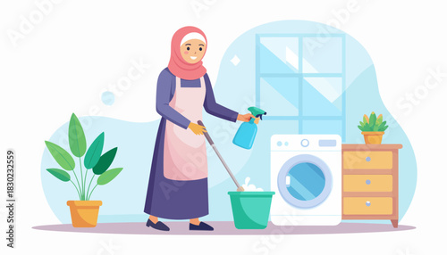Cheerful Muslim woman tidying up laundry room with cleaning spray and mop, promoting hygiene and a sparkling clean home environment for modern lifestyles