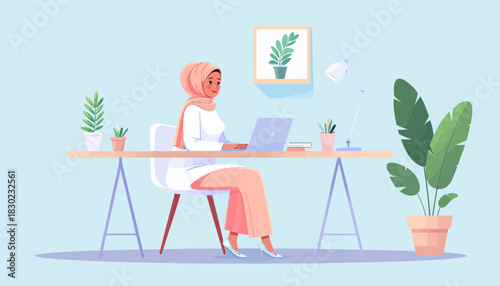 Modern Muslim woman working from home on laptop, creating content in her vibrant workspace, achieving goals with focus and determination, digital nomad lifestyle