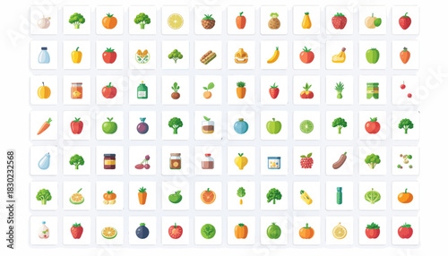 Fresh produce icons convey healthy eating and lifestyle choices, perfect for nutrition guides, recipe books, and promoting wellness with vibrant, modern designs