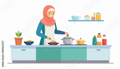 Cheerful woman wearing hijab cooking delicious meal in modern kitchen, creating a warm and inviting atmosphere of home cooking and family meals, flat design