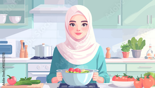 Cheerful woman in hijab prepares fresh salad in a modern kitchen, promoting healthy lifestyle and delicious homemade meals with fresh ingredients