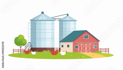Charming Farm Scene with Barn, Silos, and Chickens Roaming Freely on Green Pasture, Evoking Nostalgia for Rural Life and Simple Living, originally a scalable graphic