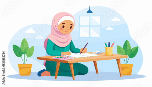 Creative artist in hijab drawing at a modern desk, vibrant colors and a peaceful scene, perfect for educational or lifestyle projects, originally a vector graphic