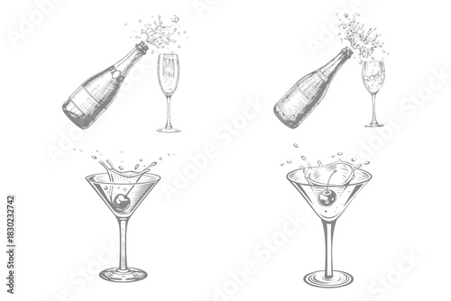 exploding champagne bottle and glasses with splash drinks. grunge alcohol engraving vector set vector illustration. Wine pouring from bottle into glass, sketch.