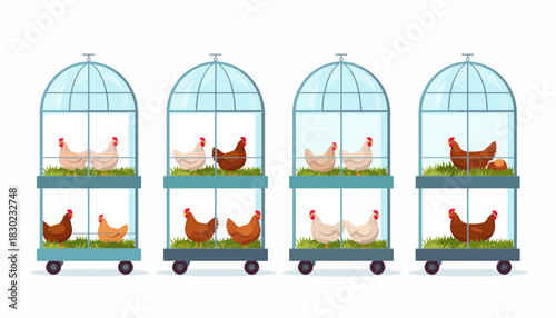 Charming hens in whimsical cages, a touch of rustic farm life, perfect for adding character to your designs with these adorable poultry illustrations