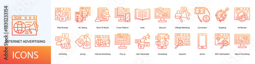 Internet Advertising icon collection set. Containing Web Browser, Ab Testing, Word Of Mouth, Cross Platform, book, discount icon
