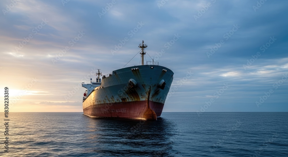 Obraz premium A large cargo ship sailing on the open sea at sunset.