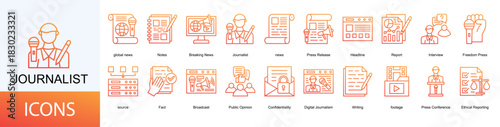 Journalist icon collection set. Containing global news, Notes, Breaking News, news, Press Release, Headline, Report, Interview icon