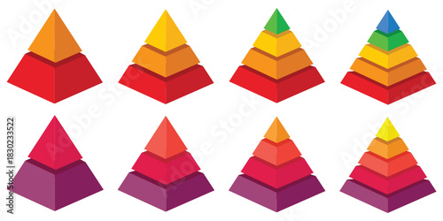 Pyramid infographic set. Colorful vector triangle diagram, triangular pyramid infographics, designed for business presentations, charts, educational materials. pyramid diagrams with ascending levels