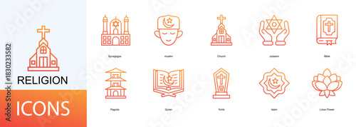 Religion icon collection set. Containing Synagogue, muslim, Church, Judaism, Bible icon