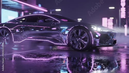 Futuristic Electric Car Glides Through Neon-Lit Cityscape, Showcasing Cutting-Edge Design and Advanced Technology in a Dazzling Display