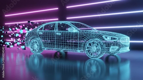 Digital representation of a modern sedan car, highlighting the futuristic technology and design aspects with neon lighting and digital effects