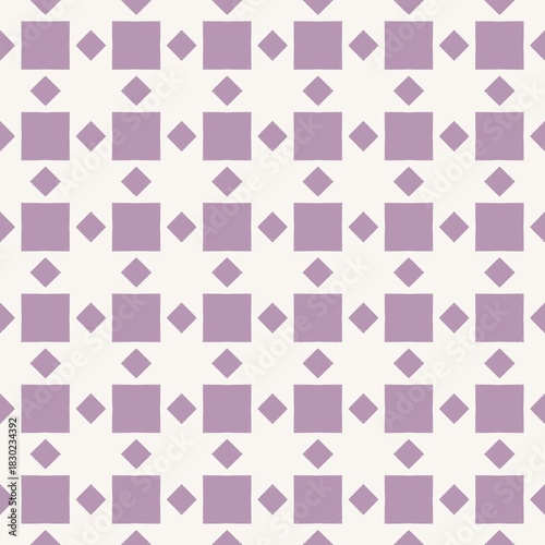 Geometric seamless pattern with purple squares and diamonds on white