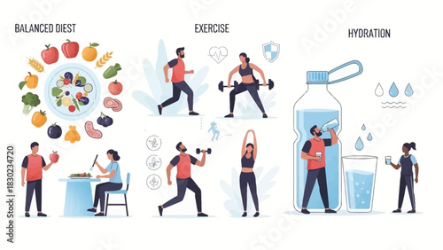 Healthy lifestyle concept with balanced diet, regular exercise, and proper hydration for well-being.