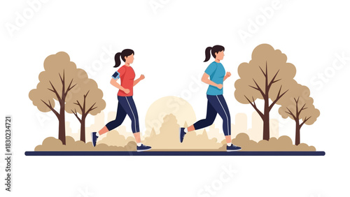 Two women jogging in a park with trees and a city skyline in the background, promoting outdoor exercise and healthy lifestyle.
