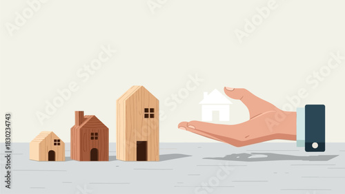 A hand holding a small white house model next to a row of three progressively larger wooden house models, symbolizing real estate options or growth.