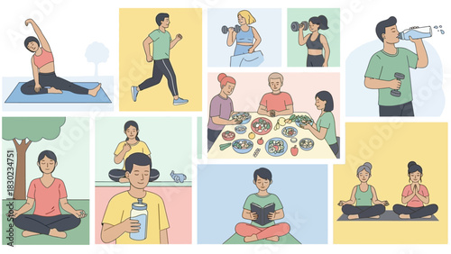 A collage of people engaging in various healthy lifestyle activities like exercise, meditation, healthy eating, and hydration.