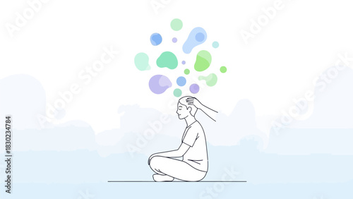 An illustration of a person meditating with colorful thoughts above their head and hands gently touching their scalp, symbolizing mental clarity and well-being.