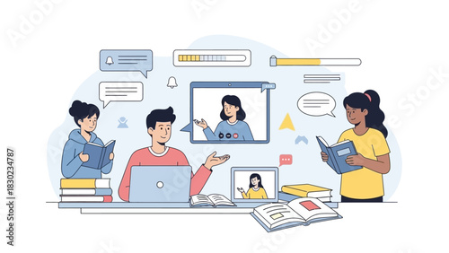 Students engaged in online learning and remote education, utilizing laptops and books for virtual classes and collaborative study sessions.