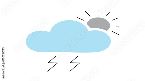 A minimalist weather scene featuring a large blue cloud, a gray sun peeking from behind, and sharp lightning bolts with a hint of rain, conveying a changing sky mood
