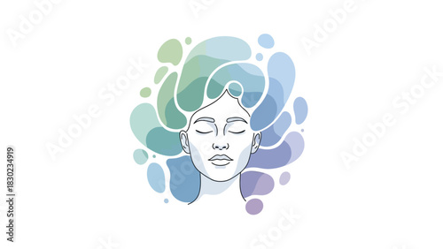 Stylized illustration of a serene woman's face with closed eyes, surrounded by abstract, flowing shapes in cool blue, green, and purple tones.
