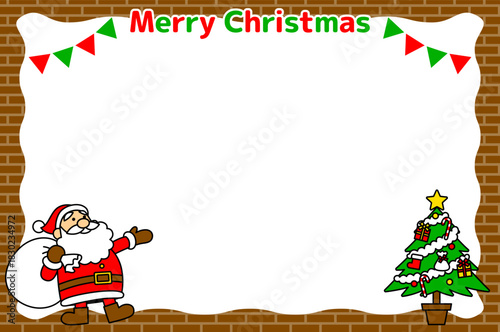 かわいいクリスマスのフレーム（サンタとクリスマスツリー、レンガ模様、長方形）