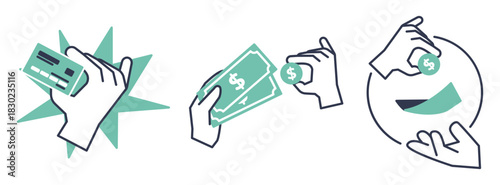 Illustrations of different payment methods: credit card cash and money transfer.