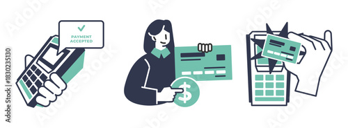 Illustrations depicting various methods of payment and financial transactions.