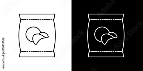 Crispy Potato Chip Bag Icon Black and White Design for Snack Food and Fast Food Themes