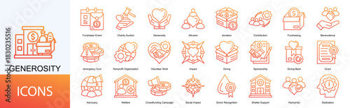 Generosity icon collection set. Containing donation, Contribution, Fundraising, Benevolence, emergency fund icon