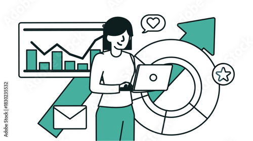 Woman Analyzing Data on Laptop with Charts and Graphs.