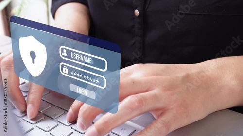 Close-up shot of a businesswoman working on her computer with a login interface animation