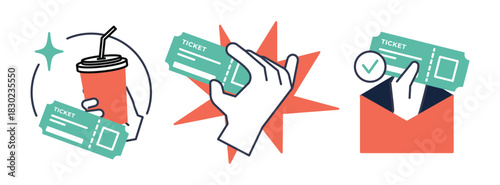 Illustrations of movie tickets hand holding tickets and tickets in envelope.