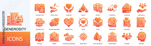 Generosity icon collection set. Containing donation, Contribution, Fundraising, Benevolence, emergency fund icon