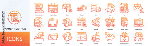 bill and payment method icon collection set. Containing Invoice Number, Payment Date, Cash, Cheque, Coin, Loan, Tax icon