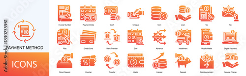 bill and payment method icon collection set. Containing Invoice Number, Payment Date, Cash, Cheque, Coin, Loan, Tax icon