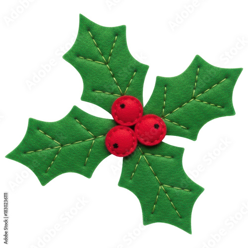 Handmade felt christmas holly decoration with red berries and green leaves on transparent background