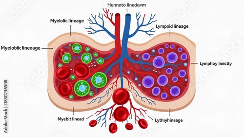 Diagram of Red Bone Marrow Hematopoietic Structure and Cell Lineages