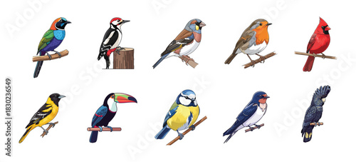 Colorful Collection Various Bird Species Perched, Showcasing Avian Diversity