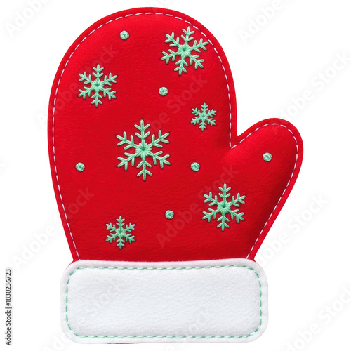 Cute red christmas mitten with embroidered snowflakes and white cuff on transparent background