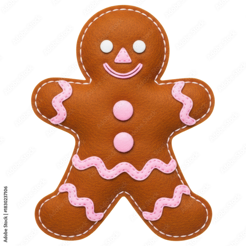 Obraz premium Festive textile gingerbread man doll with decorative stitching and pink buttons on transparent background
