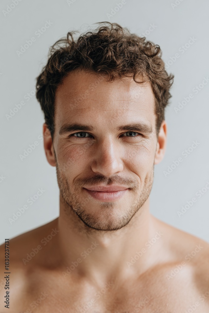 Obraz premium Modern Beauty Shot of an Approachable Eurasian Man with Natural Glow and Curly Hair 