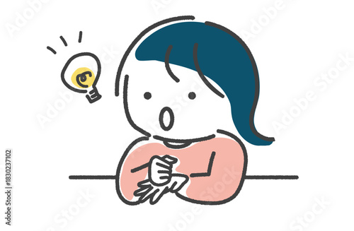 手描き　何かを思いついた女性　電球ピカ