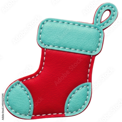 Felt christmas stocking in red and teal colors with decorative stitching on transparent background